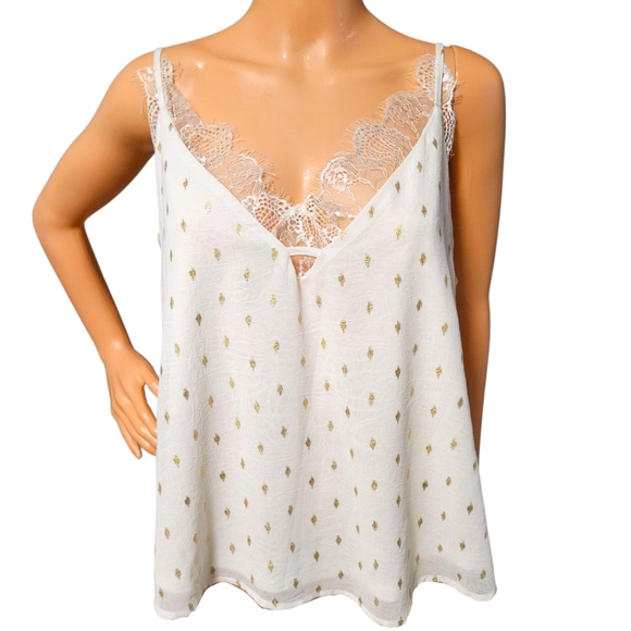 Wmns Ivory & Gold Lace Trim Crinkle Gauze Cami Sz M Romantic Coquette Scalloped - Picture 2 of 10